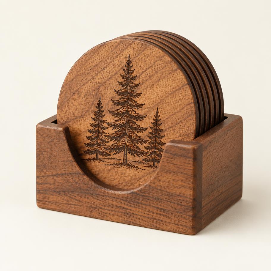 Engraved Pine Coaster Set